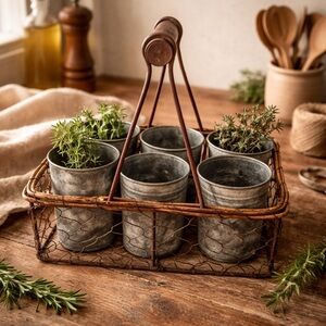 French Basket Farmhouse Rustic Wire Handle‎ 6 Cup Galvanized Metal Herb Pots